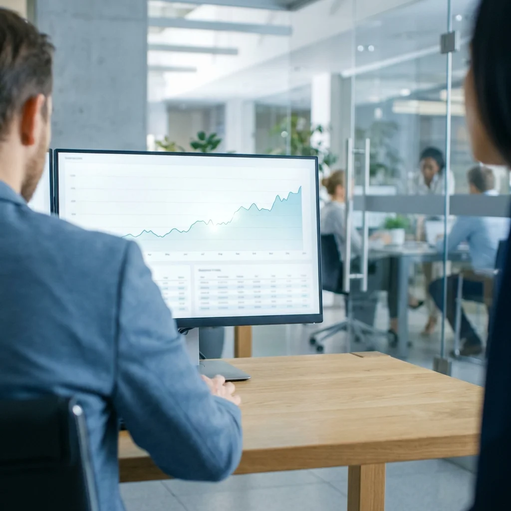 Office manager checking sales growth