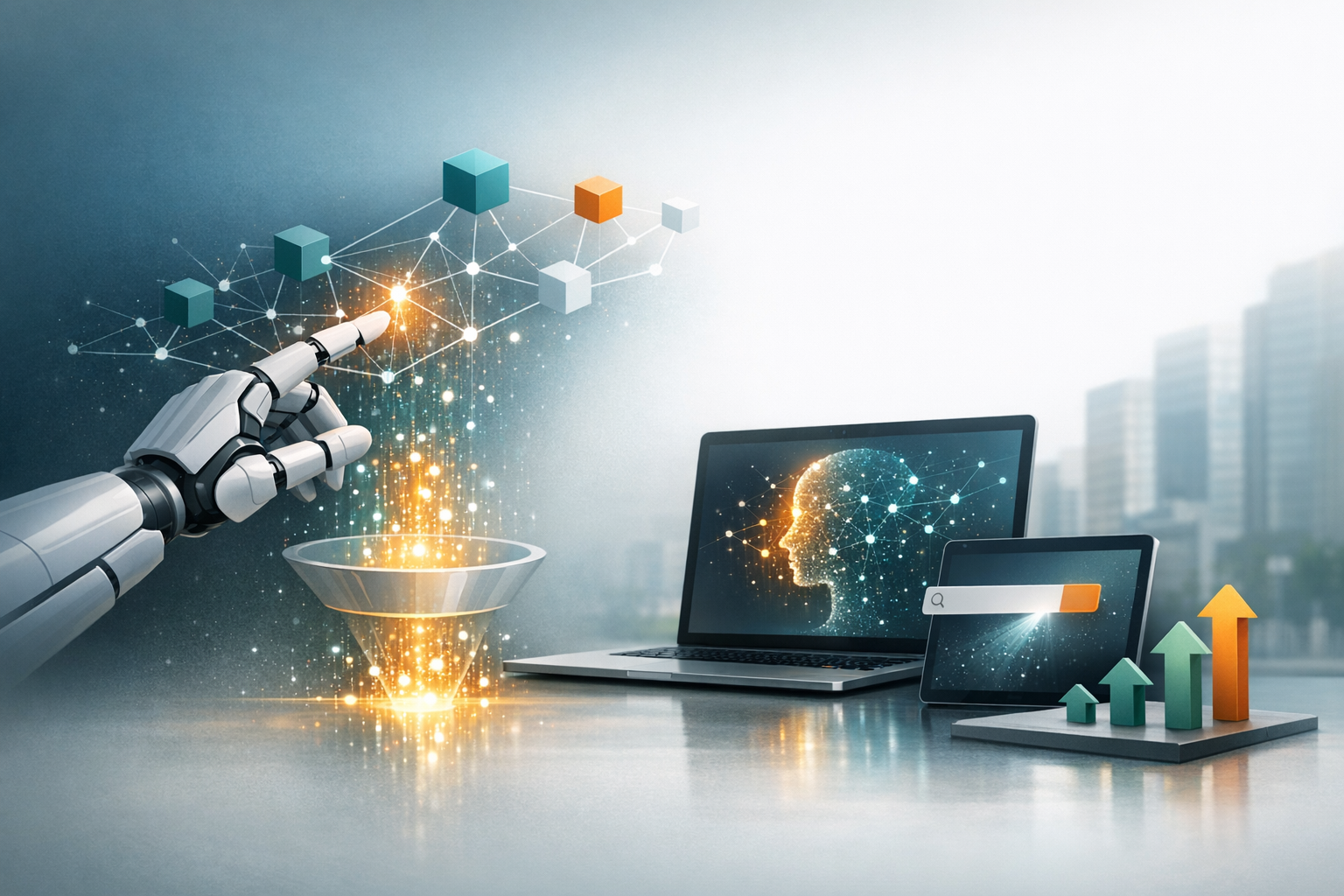 A robotic hand points at floating geometric shapes above a funnel, with a laptop and tablet displaying data visualizations